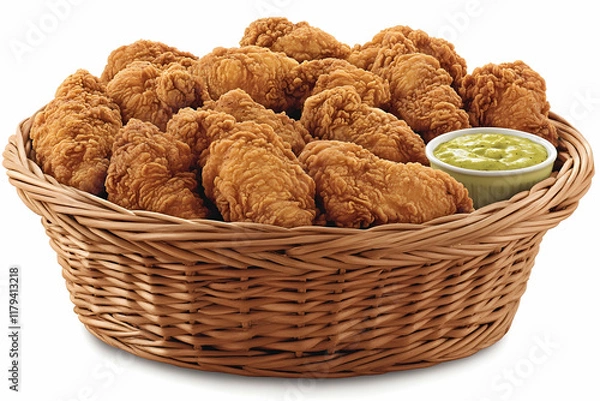 Obraz Crispy fried chicken wings in a wicker basket with dipping sauce. Perfect for a casual meal or party.