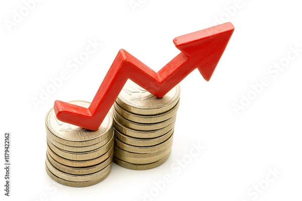 Fototapeta Stack of coins with rising arrow. Concept of growth upward economy