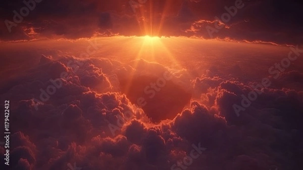 Fototapeta Dramatic Sunset Over Clouds with Rays of Light Breaking Through