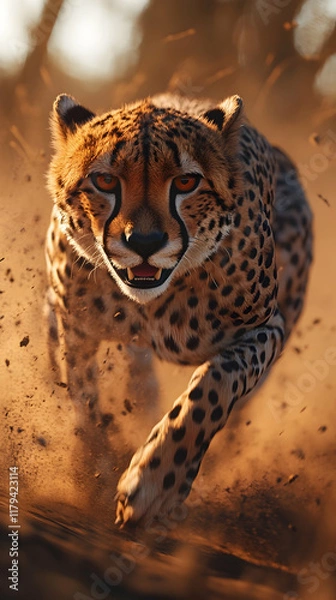 Obraz Powerful cheetah running through dusty savanna at sunset, showcasing speed and agility.