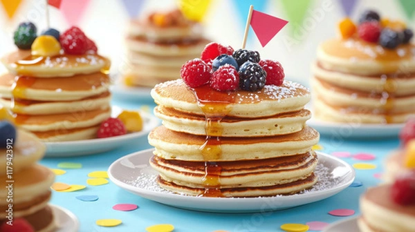 Fototapeta Colorful Pancake Festival Display with Stacked Pancakes and Fresh Berries
