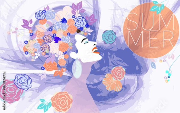 Fototapeta Colorful Collage Depicting Woman and Floral Patterns Highlighting Summer Imagery