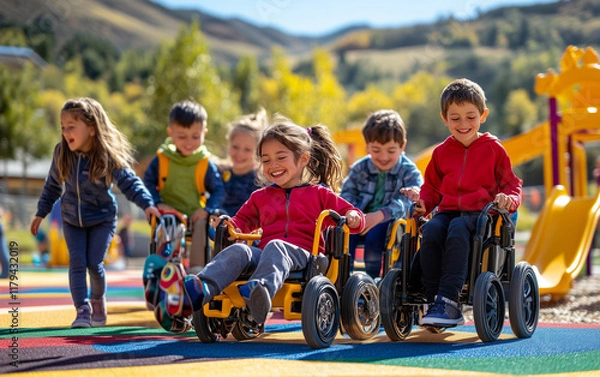 Obraz Children Playing Together in an Inclusive Playground with Bright Colors and Adaptive Equipment
