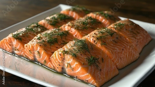Fototapeta Deliciously prepared salmon fillets garnished with fresh herbs on a white platter. Generative AI