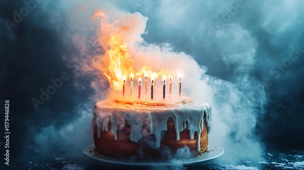 Obraz A birthday cake with lit candles, engulfed in flames and surrounded by smoke.