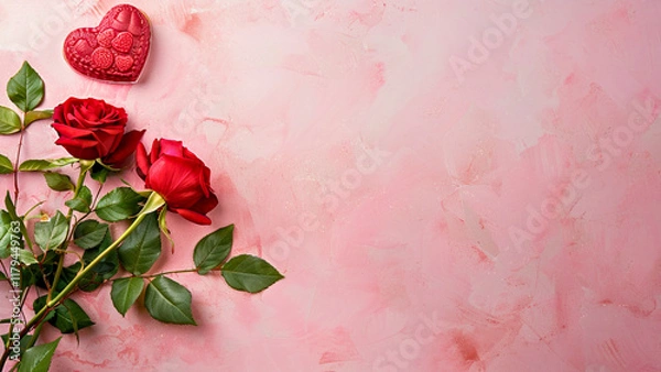 Fototapeta Elegant composition featuring two vibrant red roses with lush green leaves and a decorative heart-shaped gift box on a soft pink textured background. The romantic and artistic arrangement is perfect 