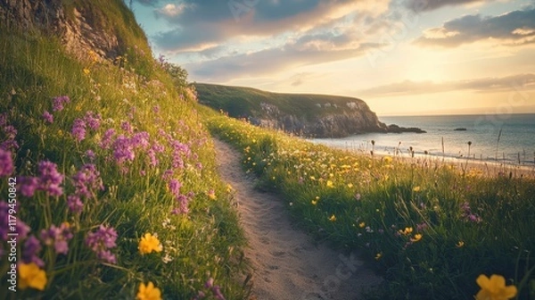 Obraz Beautiful coastal path lined with colorful flowers, offering stunning views of the beach and sunset.