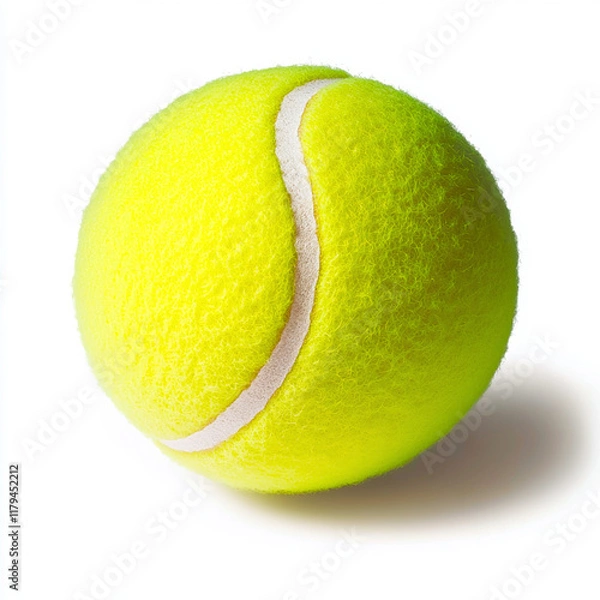 Fototapeta High-resolution image of a classic yellow tennis ball isolated on a pure white background. The texture of the ball's fuzzy surface and the curved white seam are captured in sharp detail. The soft ligh