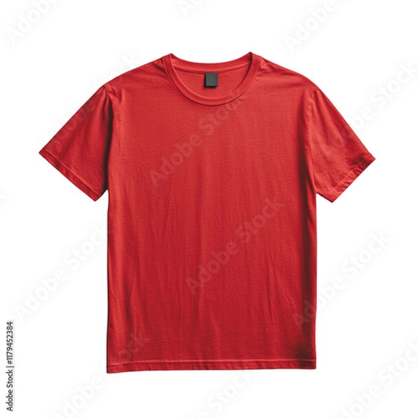 Fototapeta High-resolution image of a plain red t-shirt perfectly isolated on a pure white background. The t-shirt is neatly laid out, highlighting its clean design, texture, and vibrant red color. This professi