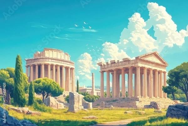 Obraz Majestic ancient greek temples standing on a sunny day with lush vegetation