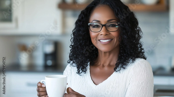 Obraz Smiling Woman with Glasses Enjoying Coffee in a Bright Modern Kitchen