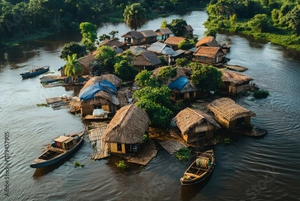 Obraz Floating village in the amazon rainforest with traditional houses and boats