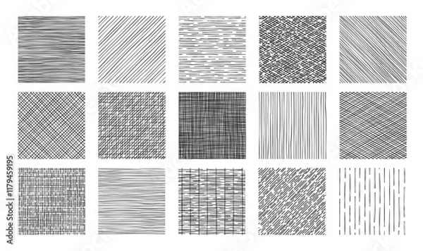 Fototapeta Line crosshatch patterns and textures set. Vector hand drawn pen, pencil or ink cross hatch sketches with stripes, scratches and strokes. Woven canvas and lattice texture hatches and crosshatches