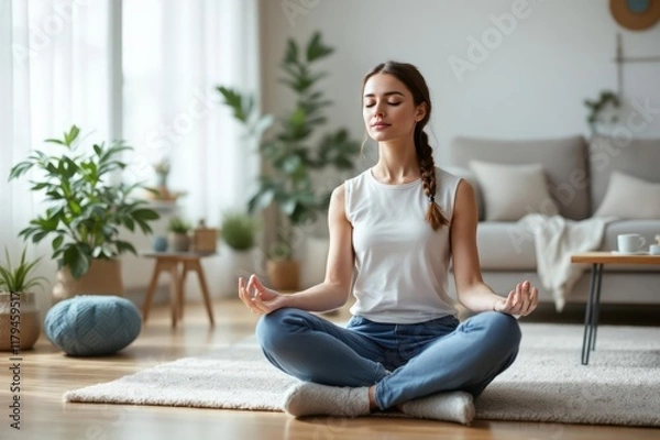 Obraz Low section of caucasian young woman meditating while sitting on floor in modern living room. copy space
