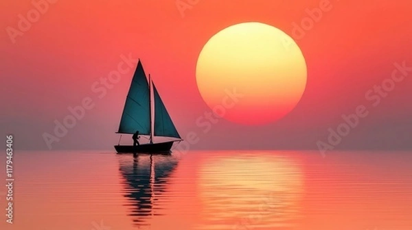 Fototapeta Sailor adjusting sails on a small boat, charting a course against the setting sun, focus, goalsetting, direction
