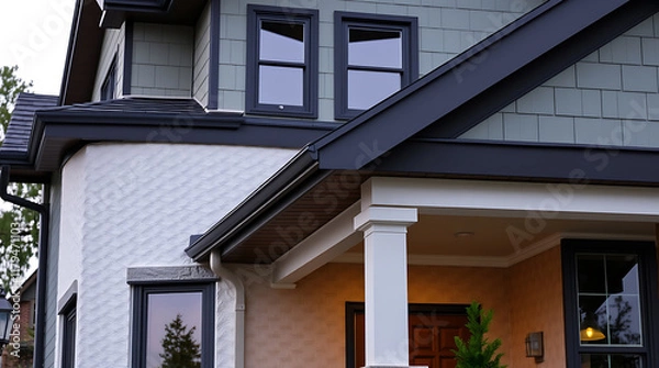 Fototapeta Exterior view of a two-story house with dark gray roofing, white columns on a porch, and light-colored textured siding.  Windows are visible on both floors.