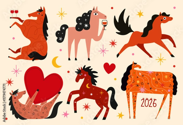 Fototapeta Vector illustration set with flame red horses, wine glasses, stars, tattoos and hearts. New year 2026 print design collection with animal, greeting card template