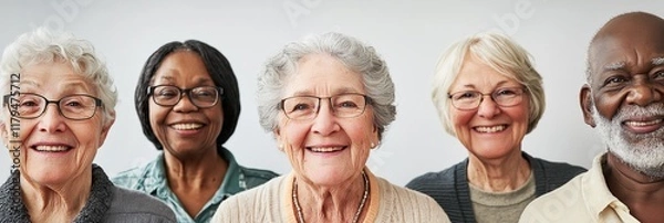 Fototapeta A diverse group of five seniors smiling together joyfully.