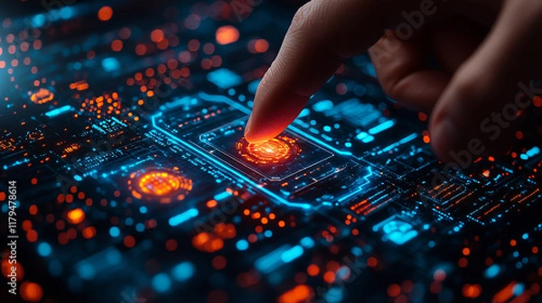 Fototapeta Virtual screen where human finger presses button with icons, business concept of new year or innovative idea and change to success in modern technology, digital marketing, social media and online sale