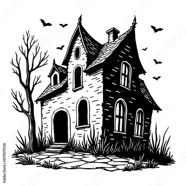 Fototapeta Creepy Haunted House with Bats in Black and White Outline Line Art Drawing with Detailed Sketch