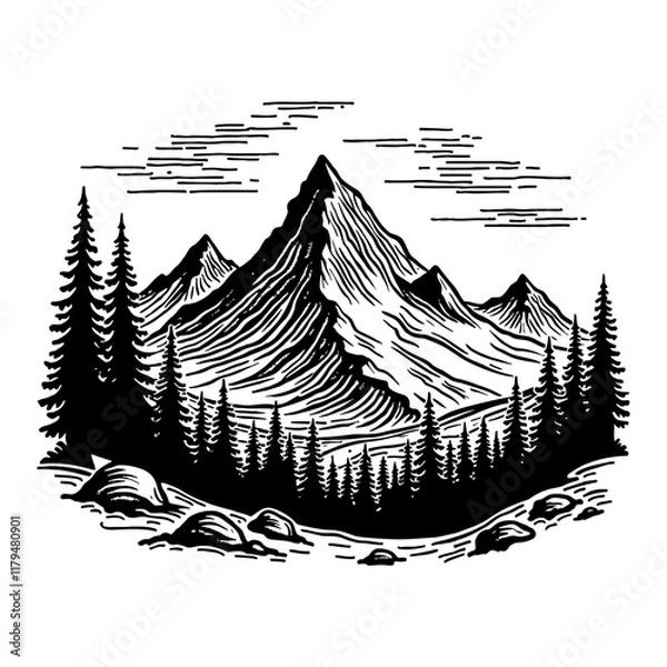 Fototapeta Detailed Mountain Landscape With Pine Trees in Black and White Outline Line Art Drawing