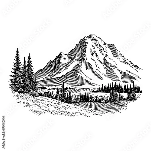 Fototapeta Mountain Landscape with Pine Trees in Black and White Outline Line Art Drawing