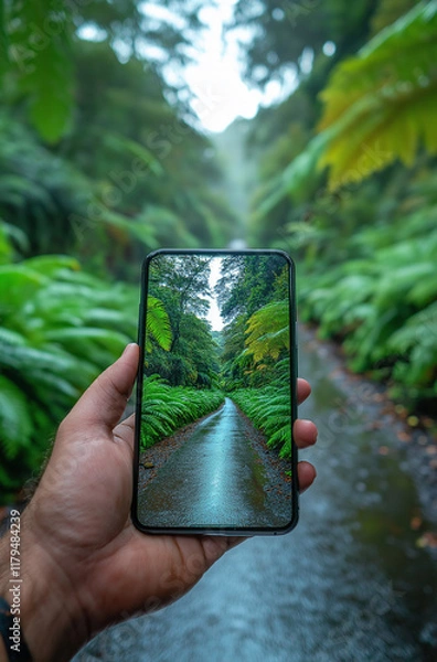 Obraz Smartphone Perspective of a Forest Road. Digital Nature and Augmented Reality Concept