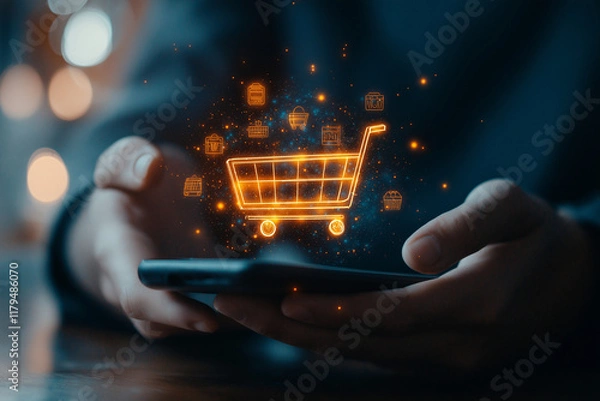 Fototapeta Smartphone E-Commerce Interface with Glowing Shopping Cart