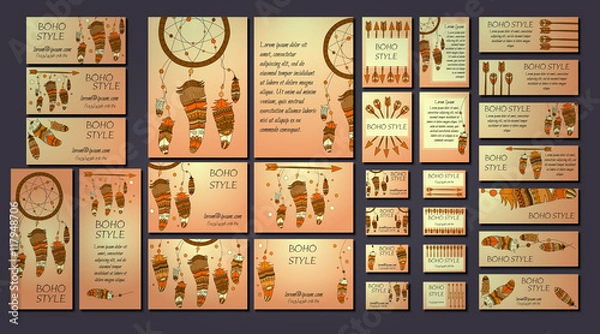 Fototapeta Vector set of abstract ethnic flyers with arrows, dreamcatcher, feather frames. Boho design brochure templates.