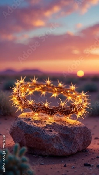 Fototapeta Illuminated Crown of Twigs and Cactus Against Desert Sunset