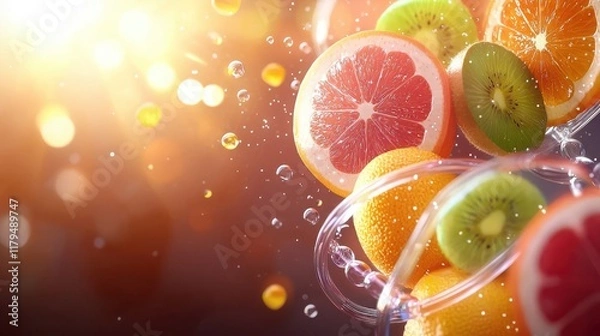 Fototapeta Bright fruit slices orbiting a glowing dna helix scientific visualization digital art vivid colors abstract concept