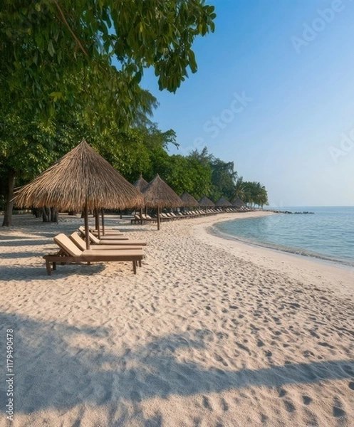 Fototapeta People enjoy a peaceful day on the sandy shore of an Indian beach, lounging under thatched umbrellas in perfect weather.