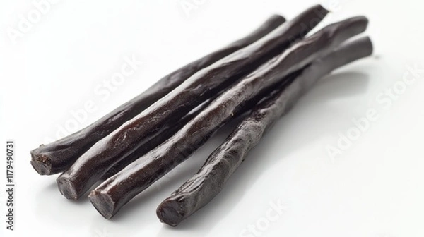 Obraz Chocolate-covered dried mango sticks placed randomly with subtle reflections on a glossy white surface, emphasizing indulgence.