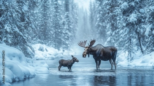 Fototapeta A moose and her calf wading through deep snow in a serene, winter forest.
