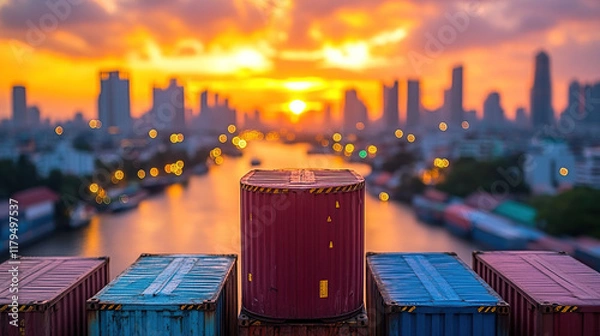 Obraz  Row of Shipping Containers is Silhouetted Against a Vibrant City Skyline at Sunset, Depicting Global Commerce