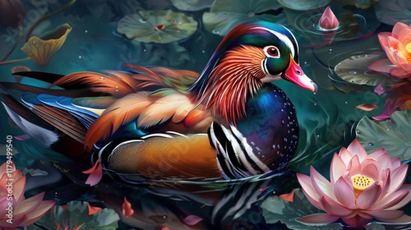 Fototapeta Vibrant mandarin duck swimming in a pond surrounded by blooming lotus flowers
