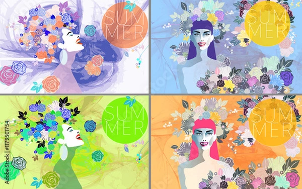 Fototapeta A vibrant collage of various female portraits adorned with floral arrangements, emphasizing summer themes with artistic and expressive elements.