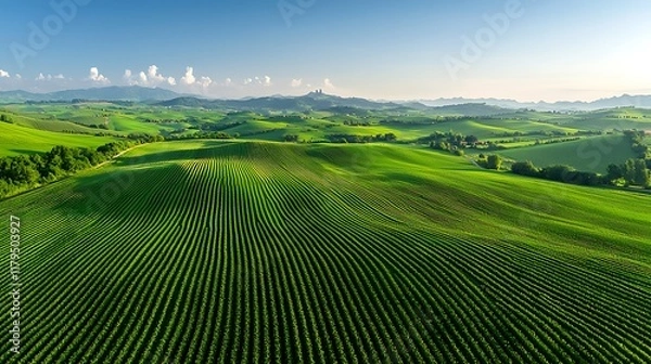 Fototapeta Aerial view of rolling green hills and vineyards under a clear blue sky.