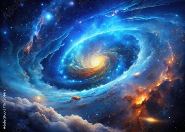 Fototapeta Drone's eye view: a stunning blue nebula explodes with cosmic dust, a galactic masterpiece.