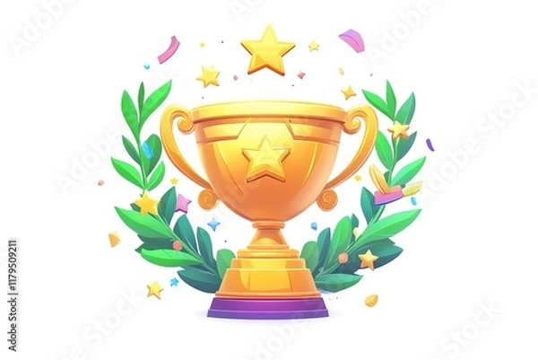 Obraz Bright and Detailed Gold Trophy with Stars, Laurel Wreath, and Green Leaves as a Cartoon-Style Icon for Mobile Games
