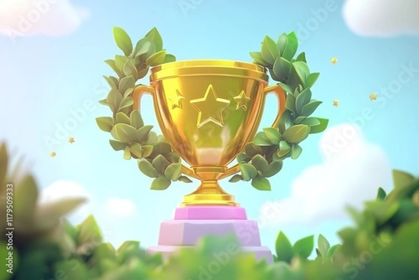 Obraz Gold Trophy with Stars and Laurel Wreath in Cartoon Style, High-Resolution Mobile Game Icon on White Background

