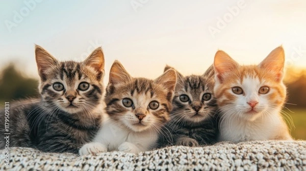 Fototapeta Four adorable kittens sitting together, showcasing their playful expressions against a soft, warm background.