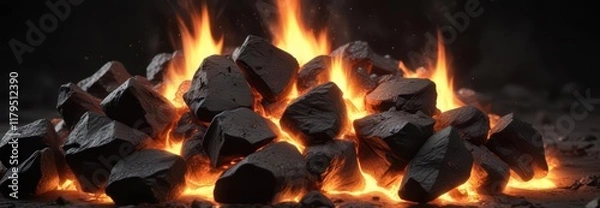 Obraz Luminous charcoal embers, intense flames rising , intensity, culinary