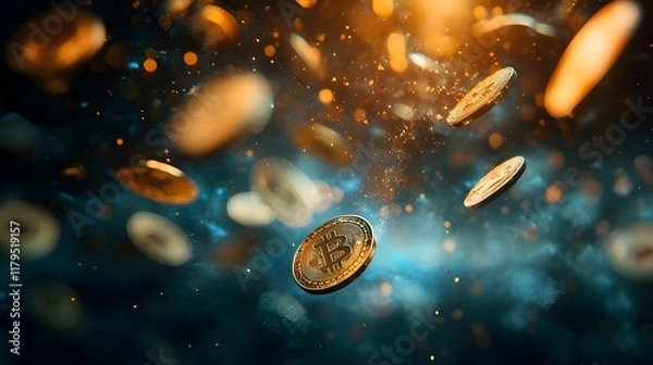 Fototapeta A Stunning Visual of Floating Cryptocurrency Coins in an Abstract Space, Capturing the Essence of Digital Currency and Financial Innovation