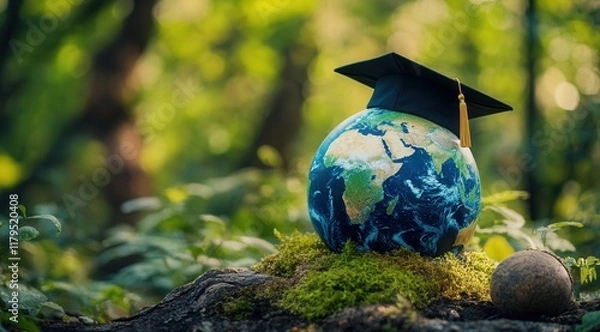 Fototapeta A globe with a graduation cap on top of it. The globe is surrounded by moss and rocks. Education overseas