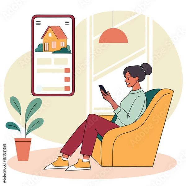 Obraz A women sitting in a living room and using phone  illustration
