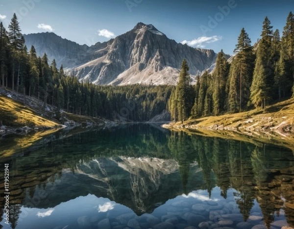 Fototapeta Serene Mountain Lake Reflection: Majestic Peak Mirrored in Crystal-Clear Waters at Dawn