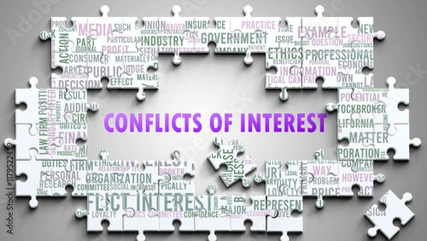 Fototapeta Conflicts Of Interest as a complex subject, related to important topics. Pictured as a puzzle surrounded by most important ideas and phrases related to conflicts of interest. ,3d illustration