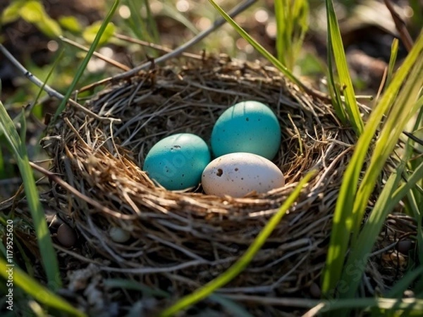 Fototapeta cuckoo bird thrush eggs in a nest of thin branches close-up