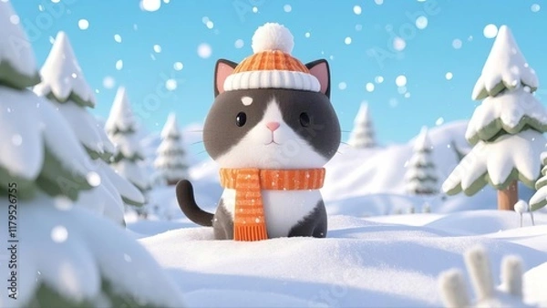 Fototapeta Adorable Cat in Scarf and Hat Enjoying a Snowy Winter Day. Cute and Plushy 3D Rendered Scene.
